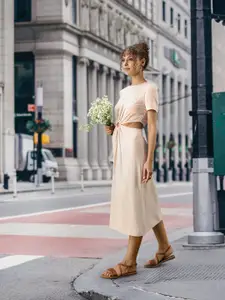 MANGO Women Off White Solid Cut-Outs A-Line Midi Dress