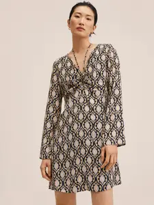 MANGO Women Teal Green & Beige Floral A-Line Dress