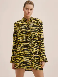 MANGO Women Yellow & Black Zebra Print Shirt Mini Dress
