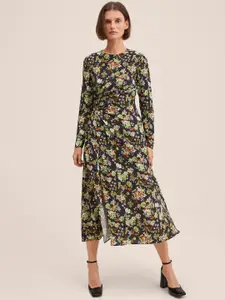 MANGO Women Black & Green Floral Printed Cut-Outs Ruched Slit A-Line Midi Dress