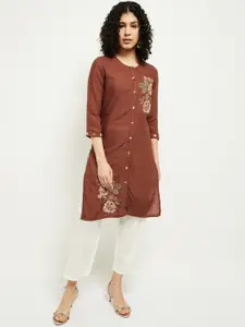 max Women Red Floral Embroidered Keyhole Neck Thread Work Kurta