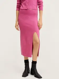 MANGO Women Pink Ribbed Slit Knitted Pencil Skirt