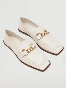 MANGO Women Off White & Gold-Toned Solid Leather Loafers