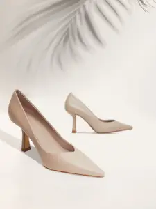 MANGO Taupe Solid Leather Block Pumps