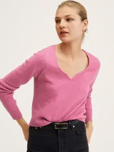 MANGO Women Pink Notched Round Neck Pullover