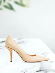 MANGO Women Cream-Coloured Solid Leather Pumps