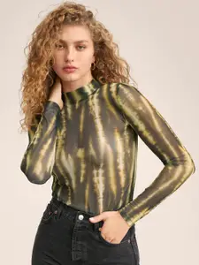 MANGO Women Black & Yellow Sheer Printed High Neck Fitted Top