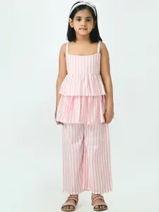 Muffin Shuffin Girls Pink Striped Peplum Top & Trousers Set