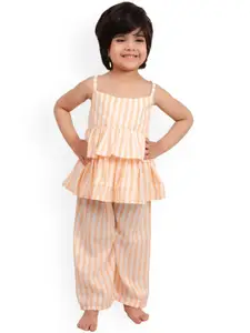 Muffin Shuffin Girls Peach & White Sleeveless Striped Peplum and Frilled Top and Pants