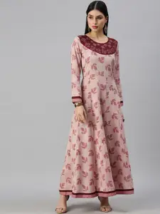 SHOWOFF Women Pink Floral Embroidered Cold-Shoulder Sleeves Kurta