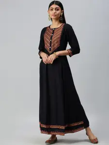 SHOWOFF Women Navy Blue & Red Geometric Yoke Design Thread Work Cotton Kurta