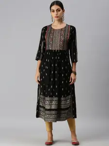 SHOWOFF Black Ethnic Motifs Three-Quarter Sleeves Round Neck Straight Kurta