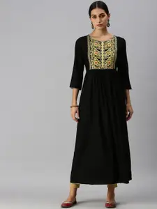 SHOWOFF Women Black Keyhole Neck Thread Work Kurta
