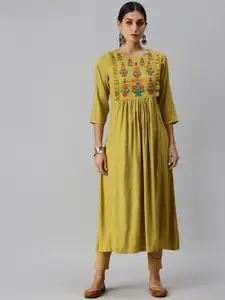 SHOWOFF Women Mustard Yellow Floral Mirror Work Kurta