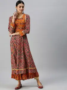 SHOWOFF Women Pink Ethnic Motifs Printed Thread Work Kurta