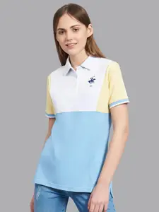 Beverly Hills Polo Club Women Blue Colourblocked Polo Collar Applique T-shirt