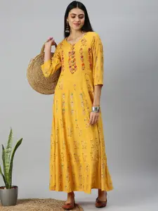 SHOWOFF Women Yellow Floral Embroidered Thread Work Kurta