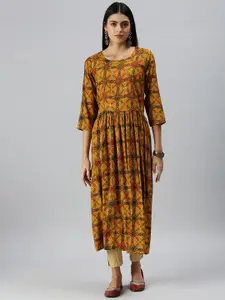 SHOWOFF Women Yellow Ethnic Motifs Printed Thread Work Kurta