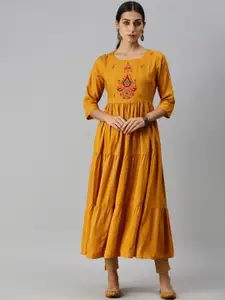 SHOWOFF Women Mustard Yellow Keyhole Neck Thread Work Kurta