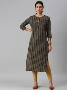SHOWOFF Women Black Striped Mirror Work Kurta