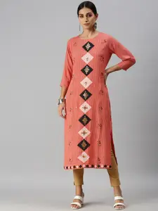 SHOWOFF Women Pink Geometric Checked Keyhole Neck Gotta Patti Kurta