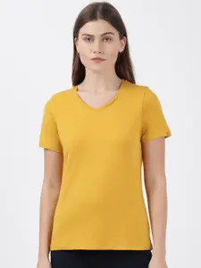 Jockey Women Yellow V-Neck T-shirt