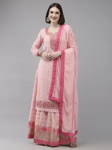 Ishin Women Pink Floral Embroidered Kurta with Skirt & With Dupatta
