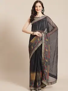 Satrani Women Charcoal Grey & Yellow Ethnic Motifs Saree