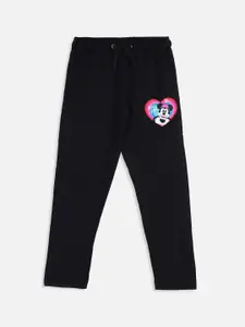 Kids Ville Girls Black Solid Cotton Lounge Pants with Minnie Mouse Detail