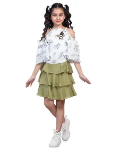 Nottie Planet Girls White & Green Printed Top with Skirt