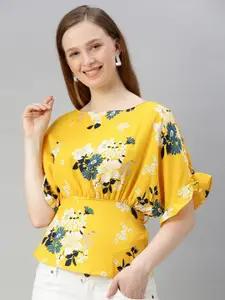 Sera Women Yellow & Green Floral Printed Round Neck Empire Top