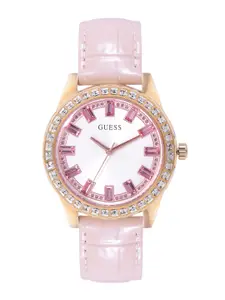 GUESS Women White Patterned Dial & Pink Leather Straps Analogue Watch GW0032L2