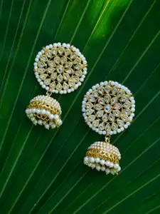 Ruby Raang Gold & White Kundan Studded Dome Shaped Jhumka Earrings