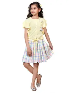 Nottie Planet Girls Yellow & White Check Printed Top with Skirt