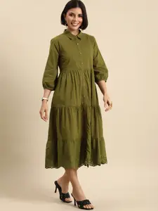 Anouk Women Olive Green Tiered A-Line Midi Dress