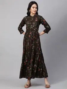 FASHOR Brown Floral Embroidered Silk Dress With Fabric Belt