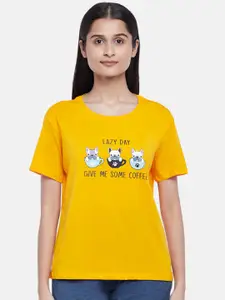 Dreamz by Pantaloons Women Yellow Printed Cotton Lounge tshirt