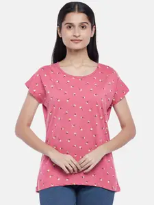 Dreamz by Pantaloons Pink Floral Printed Extended Sleeves Pure Cotton Lounge tshirt
