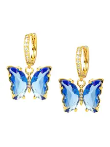 Moon Dust Gold-Toned & Blue Butterfly Crystal Drop Hoop Earrings