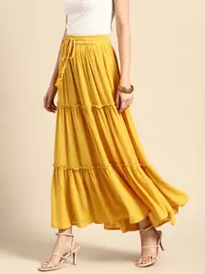 Anouk Women Mustard Yellow Solid Tiered Flared Maxi Skirt