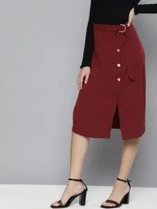 Chemistry Women Maroon Solid Front Slit Midi Straight Skirt