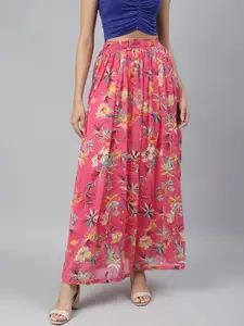 SCORPIUS Women Pink Floral Printed Flared Maxi-Skirt