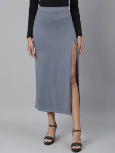 SCORPIUS Women Grey Solid A-Line Midi Skirt
