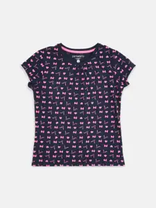 Pantaloons Junior Girls Navy Blue & Pink Printed Pure Cotton T-shirt