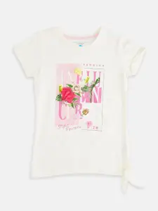 Pantaloons Junior Girls Off White & Pink Printed Tropical Pure Cotton T-shirt