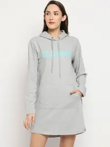 evolove Grey Melange Printed Hooded Cotton Nightdress