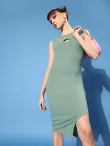Roadster Women Green Self-Design Cut it Off Dress