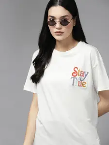 The Roadster Lifestyle Co. Women Pure Cotton Applique Typography Boxy T-shirt