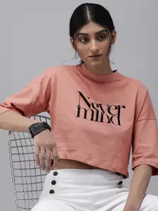 The Roadster Lifestyle Co Women Pink  Black Printed Drop-Shoulder Sleeves Pure Cotton Crop T-shirt