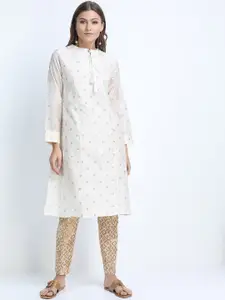 Vishudh Women Cream-Coloured Printed A-Line Kurta